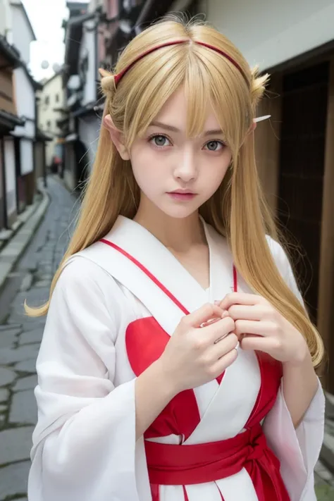 ((Beautiful blonde hair))、((Beautiful blonde))、Small fox ears、one girl, (a beauty girl, delicate girl:1.3), (12 years old, change:1.3), break,((Shrine maiden costume)),(Brown fox ears) break, Definition of Very Fine Particles, (Symmetrical eyes:1.3), break...