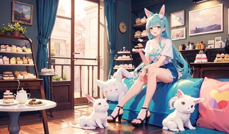 (masterpiece, Highest quality, Highest quality, Official Art, beautifully、aesthetic,One girl,:1.2),Happy, Happy, Oversized T-shirt and hot pants, High heel sandals, Stylish cafe, fluffy white rabbit, cake, Macaroons, donut, cookie, tea, cute, cute, sweet, ...