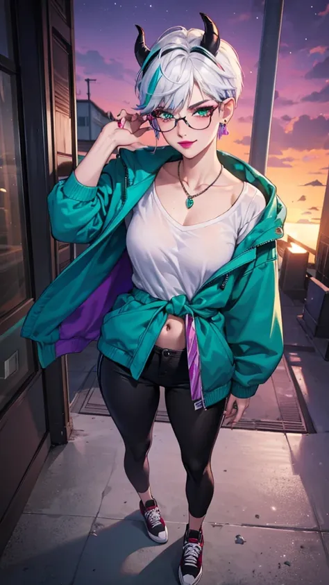 8k, masterpiece, best quality, highly detailed, 1 girl, tiefling, warlock, pixie cut, multicolored hair, very short straight hair green highlight hair on white hair, strippled hair, wearing glasses, round glasses, sexy, earrings, navel piercing, red eyesha...