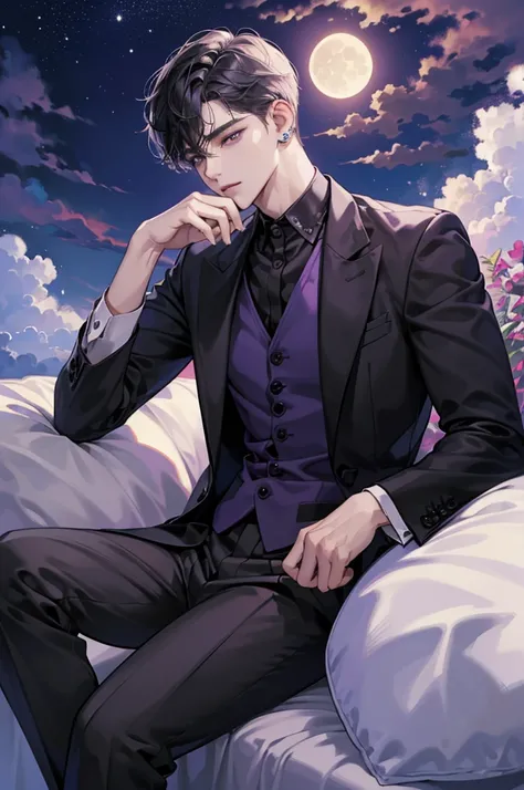 (best quality、8k,absurd,Top Rated,portrait,Short hair, 매우 Short hair,piercing、Beautiful Men、dark fantasy、Birthday background based on black、He is sitting in a suit with a purple shirt and black jacket、perfect hands, moon, cloud