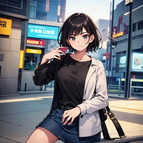 15-year-old girl : 1.3, Short black hair: 1.2, Casual wear: 1.2, Daytime: 1.2,On campus: 1.2,Wearing uniform:1.2, Play game 1 on your phone.2，Happiness 1.2，Cinema Lighting, Surrealism, Hyper HD, Accurate, Super Detail, Textured skin, Attention to detail, H...