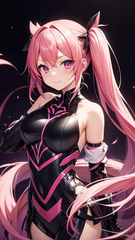 night、Shihodo Narika、Pink Hair、Twin tails、No sleeve、Shoulder、Super Subaru Flash Ninja Haruka、Black Background、Evil background、Hotel Bedroom、Sensual pink light、A shiny red rubber suit that wraps around the body、tall、Upper Body、adult、White Long Gloves、Upper ...