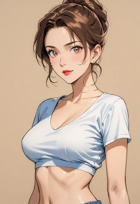  woman，Cropped shirt，White，Art，，Colored pencil sketch，sketch 