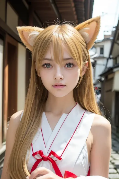 ((Beautiful blonde hair))、((Beautiful blonde))、Small fox ears、one girl, (a beauty girl, delicate girl:1.3), (12 years old, change:1.3), break,((Shrine maiden costume)),(Brown fox ears) break, Definition of Very Fine Particles, (Symmetrical eyes:1.3), break...