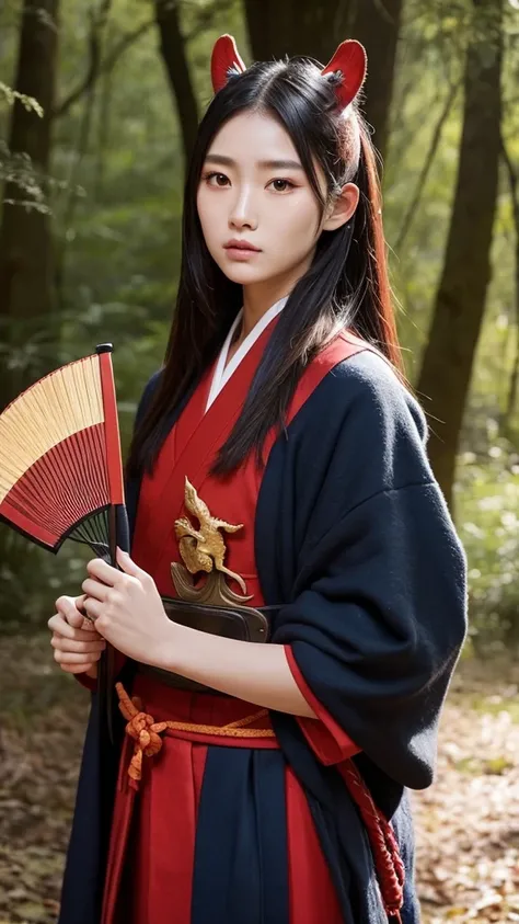 A mystical creature with bird-like features, long nose, red face, human body, wearing samurai clothing, holding a fan or weapon, in a forest setting.