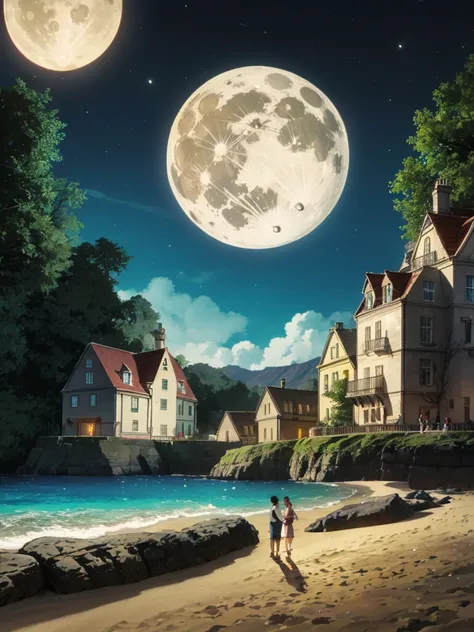 high resolution、High quality、Romantic and fantastical scene、Night beach and full moon、Male and female  characters holding hands