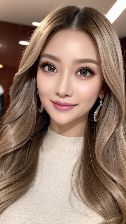 (Cowboy Shot、Highest quality、8k、Award-winning works、Ultra-high resolution)、One beautiful woman、(perfection, The most natural grey long sleeve sweater:1.1)、(blonde:1.1)、Bright color contacts、perfection Makeup、Bright and shiny lipstick、(Very heavy makeup:1.2...