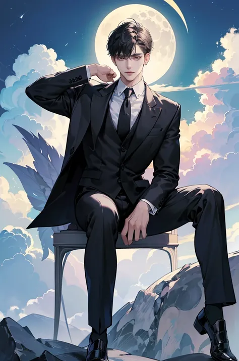 (best quality、8k,absurd,Top Rated,portrait,Short hair, 매우 Short hair,piercing、Beautiful Men、dark fantasy、Birthday background based on black、He is sitting in a suit with a white shirt and black jacket、moon, cloud, face enlargement