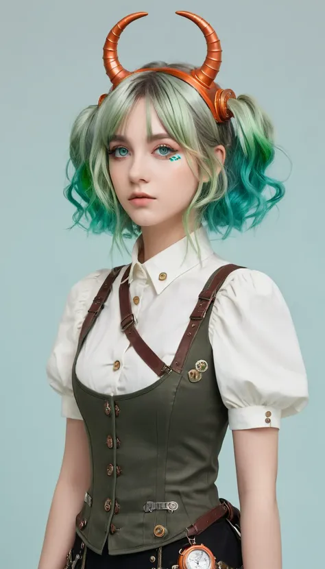 ((live 2D))  masterpiece, 1girl, full body, stands straight, steampunk clothes, military clothing, looking at viewer, detailed face, girl with green wavy hair, bangs, metal sheep horns, gradient hair, multicolored hair, light green hair, turquoise hair tip...