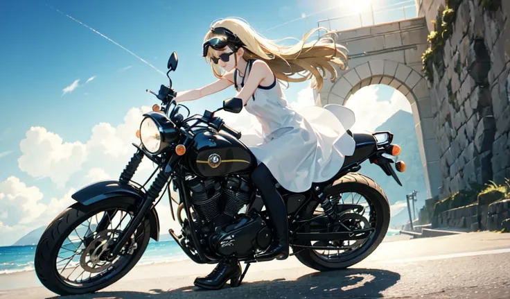 (Ride a classic motorcycle )、（Goggles and helmet）、 summer, Wind, scratch, sun,, Perfect face and blonde hair、Wearing a light summer dress、Delicate beauty in black boots、