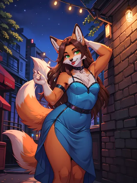 Best quality, furry male fox with green eyes, with brown long hair, with black spout, with red lipstick on lips, big lips, in a blue dress, crossdressing, shows an air kiss, sexy pose, posing against the backdrop of a night park