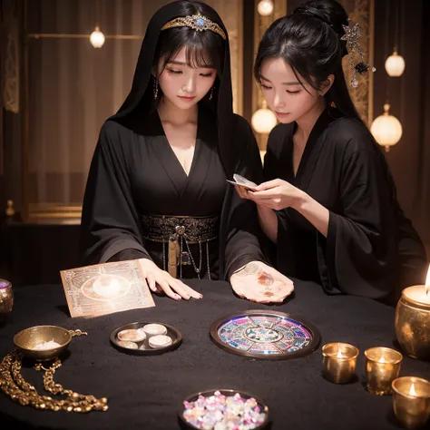 A beautiful woman wearing a black robe over her head、Fortune telling with round, clear crystals