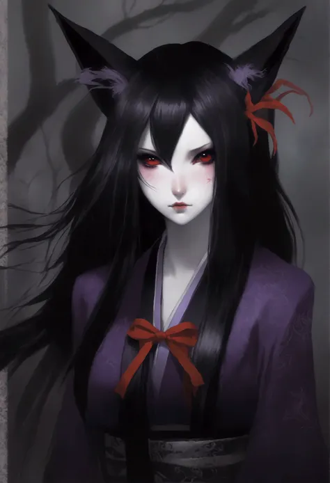 girl, cold indifferent gaze, red ribbon in her hair, long black hair, purple devilish eyes, japanese gothic outfit, kitsune, fox...