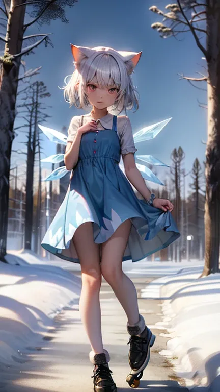 Ice Fairy,Cirno,Cat ear,mysterious,forest,lake,skate,winter,Blue dress,Pink ribbon on the chest