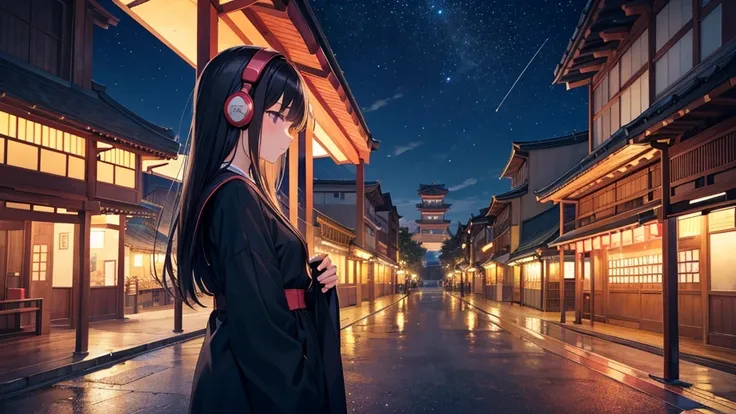 A place where you can see Osaka Tenmangu Shrine。A young girl with black hair wearing stylish clothes and headphones labeled "lo-fi" The girl is shown in profile, gazing into the distance with a calm, relaxed expression Background depicts the iconic scenery...