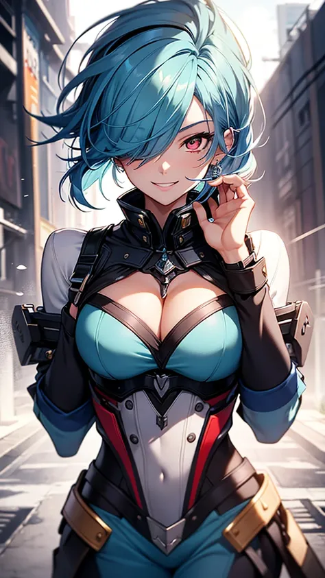 High resolution, One girl, chest, Blue Hair/Light blue hair, Cowboy Shot, Big chest, Red eyes, Big chest, Earrings, smile, smiling, 8k octane, High resolution, masterpiece, High detail, High-resolution model, high quality, Textured skin, Action Painting, C...