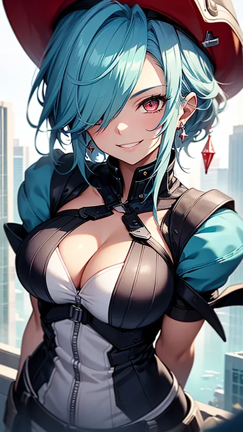 High resolution, One girl, chest, Blue Hair/Light blue hair, Cowboy Shot, Big chest, Red eyes, Big chest, Earrings, smile, smiling, 8k octane, High resolution, masterpiece, High detail, High-resolution model, high quality, Textured skin, Action Painting, C...