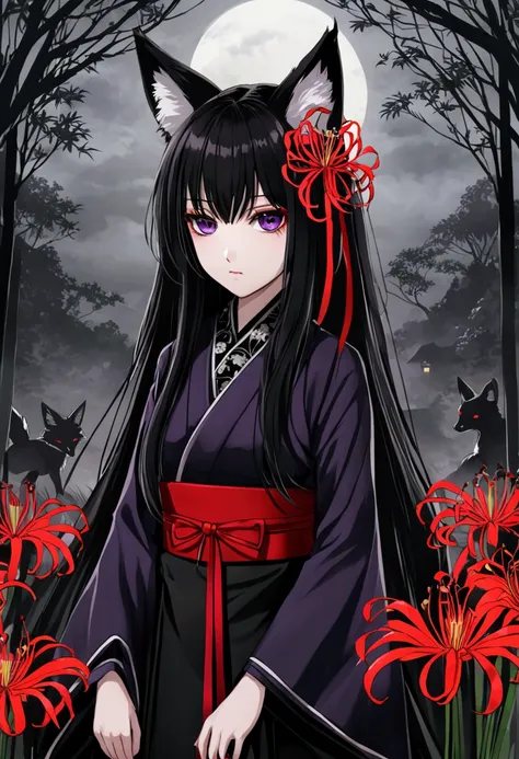 Girl, cold indifferent gaze, red ribbon in her hair, long black hair, purple devilish eyes, Japanese Gothic outfit, kitsune, fox ears and tail, spider lily, gloomy atmosphere