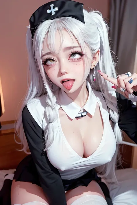 high quality, detailed,nurse,(very very wet and very transparent long sleeve black nurse uniform,skirt,nurse cap),a mole under the eye,(Hair Up,),(tounge out,lots of saliva),(blushing:1.4),smile,absurdres,orgasm,ecstasy,(wearing white overknee socks),the w...