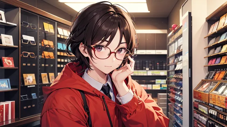 I will design a YouTube thumbnail image featuring an eyeglass store clerk, inspired by Daisuke Sakuma or Masaki Suda. He sports square black-rimmed glasses, has brown eyes, and vibrant reddish-brown hair, with a range of expressions. The jawline is rounded...