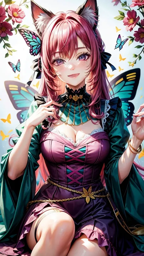 Magenta hair, hazel eyes, older woman, hair bows, cat ears, long hair, smiling face,outfit, butterflies, teal and gold outfit, butterfly background 