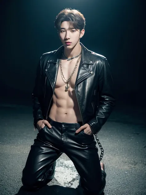 a handsome man in a black leather jacket and leather pants with chains, kneeling on the beach and facing the viewer, hands in pockets, a bad boy idol, highly detailed realistic portrait, cinematic lighting, dramatic colors, 8k, hyperrealistic, dynamic pose...