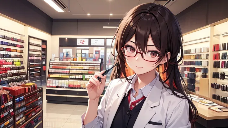 I will design a YouTube thumbnail image featuring an eyeglass store clerk, inspired by Daisuke Sakuma or Masaki Suda. He sports square black-rimmed glasses, has brown eyes, and vibrant reddish-brown hair, with a range of expressions. The jawline is rounded...