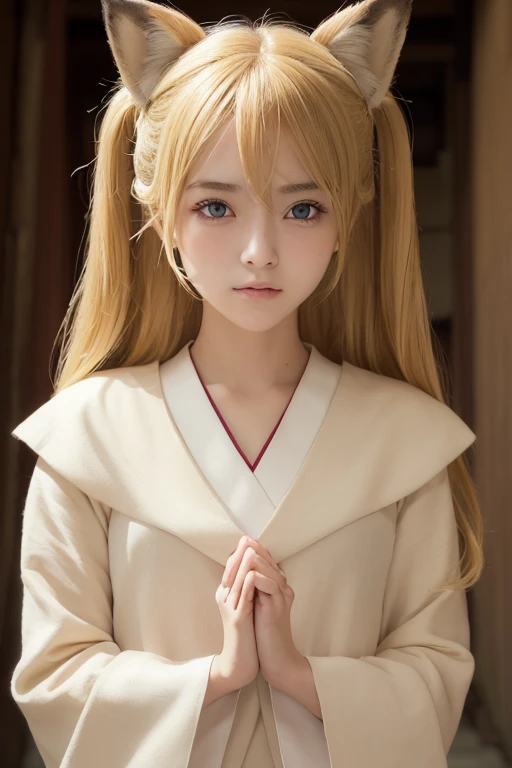 ((Beautiful blonde hair))、((Beautiful blonde))、Small fox ears、one girl, (a beauty girl, delicate girl:1.3), (12 years old, change:1.3), break,((Shrine maiden costume)),(Brown fox ears) break, Definition of Very Fine Particles, (Symmetrical eyes:1.3), break...