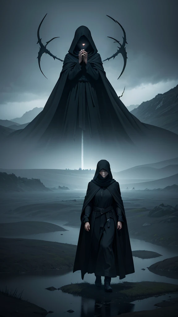 A dark, mysterious figure cloaked in tattered black robes stands in a foggy landscape, surrounded by swirling crows taking flight. The figures face is hidden beneath a shadowy hood, adding to the enigmatic aura. The background features muted gray skies and...