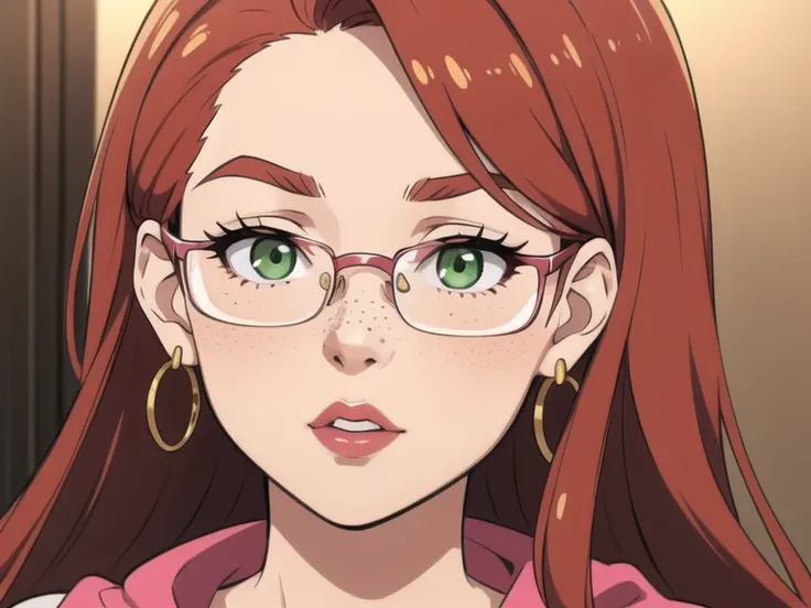 distant photograph, masterpiece, 30yo ginger girl, redhead, detailed face, photography, hq, pink lips, round face, green eyes and marked eyebrows, thick golden square glasses, red long hair, golden earrings, small eye, round big face, caucasian, 1girl, hoo...