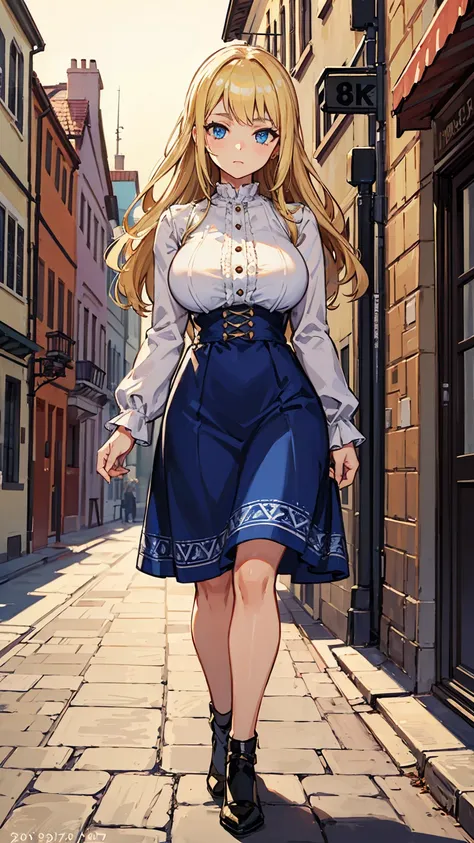 Highest quality, masterpiece, Intricate details,, Super detailed, Old fashioned young woman, Wearing a peasant dress, No neckline, Blonde, Perfect details and blue eyes, Walking around the old town, HD quality, 8k, One young woman, 20-year-old,Large Breast...