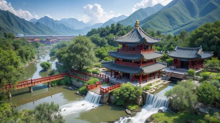 Natural beauty, Chinese ancient village.     The Stream.    cloud, Temple.    View from the air, mystical beauty, 8k