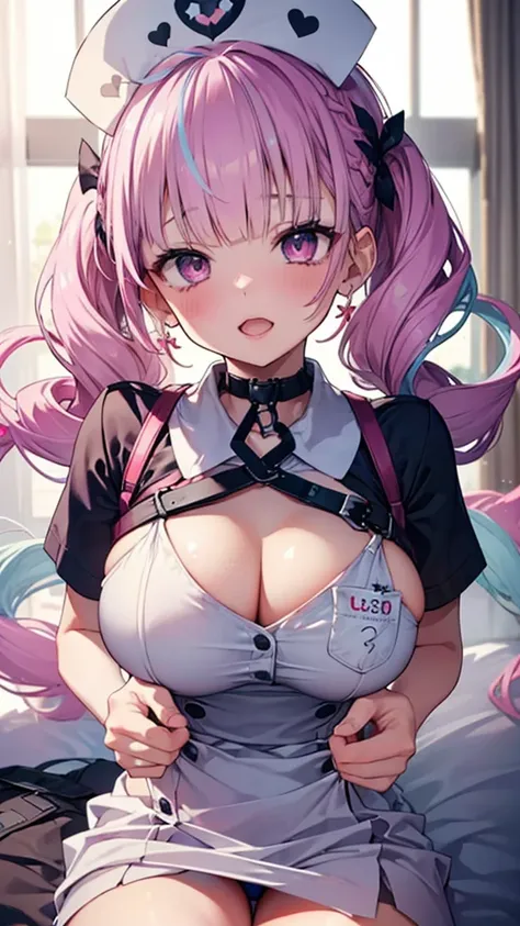 (best quality:1.2), (ultra detailed:1.2),(masterpiece:1.2),(8k:1.2),(Blessed,Captivating body、Ultra detailed hands、Ultra-detailed eyes、Ultra-detailed skin、ultra-detailed face,Detailed Background),One Girl、(bedroom,nurse, nurse cap, breast pocket, collared ...