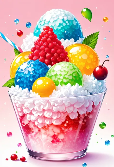 ((Delicious looking shaved ice))、((Colorful slime candy sprinkled on top))、Beautiful glassware、Water Drop、fruit、 food, food focus、 cute、pastel colour、Sparkling、No humans、White Background、Simple Background、wallpaper、