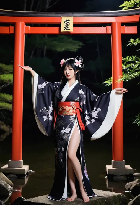 Japanese Tengu/Genuine/Beauty/Large Breasts/Fantasy/dark/Black wings/front/kimono/iris/Black Hair/The background is the torii gate deep in the forest at night./A beautiful goddess from the Taisho period（1 person）、、Beautiful and pretty woman、Big Breasts、Bla...