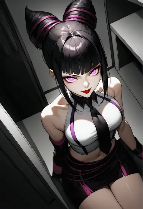 juri han, work of art, tight white secretary shirt with black tie, black high waist skirt, short skirt,stocking, black hair, black tightscary sun,office,bangs on the eyes,Lighting, hair with purple details,view from above,staring overhead,evil smile,sittin...