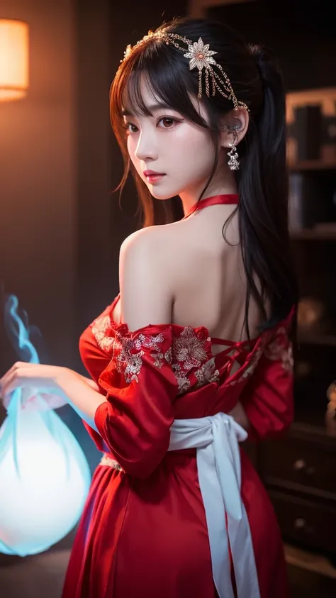 Draw an image of an oriental female ghost in red，Pale，The atmosphere is terrifying。high resolution, Backlight, masterpiece, Best quality, Very detailed, Ultra HD, Wide-angle lens, Canon, Movie光效, Ray Tracing, Fluorescence, Movie, photography, Hyperrealism,...