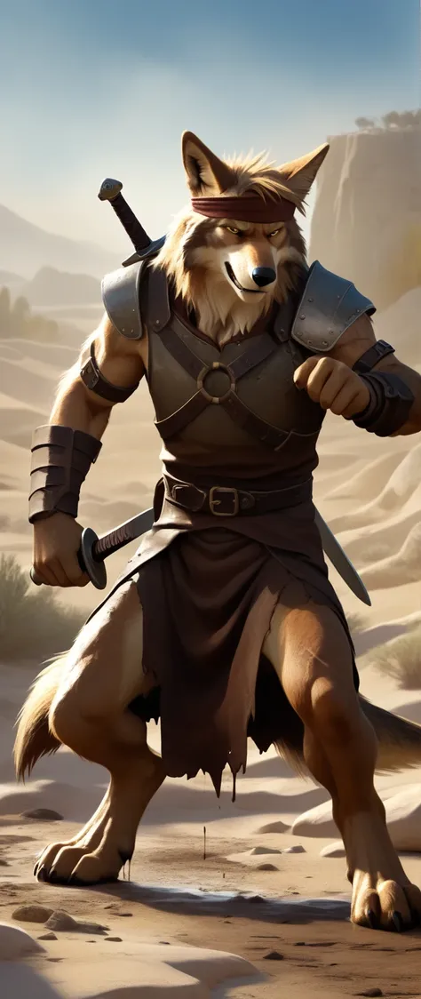 solo anthro furry desert wolf coyote male; ancient mediterranean desert warrior; slim mesomorph handsome model apperance; boy's ...