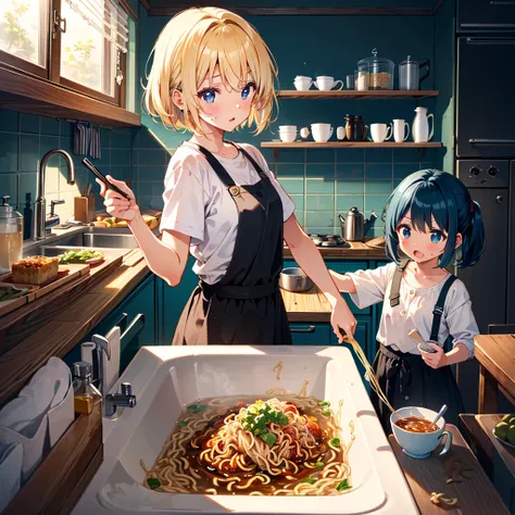 Masterpiece, highest quality, high-resolution background, bright and beautiful atmosphere, 3 girls (2 years old, 1 short-tempered round face), 1  (hair, surface effects), small breasts, very bright atmosphere, on the kitchen water tap A girl who is trying ...