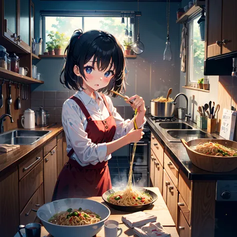 Masterpiece, highest quality, high-resolution background, bright and beautiful atmosphere, 3 girls (2 years old, 1 short-tempered round face), 1  (hair, surface effects), small breasts, very bright atmosphere, on the kitchen water tap A girl who is trying ...