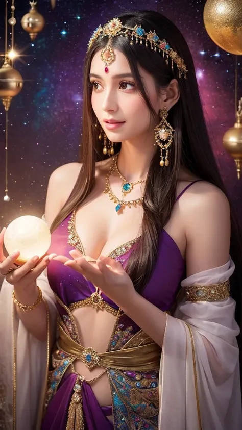 A mystical woman with long, straight dark hair, adorned with a jeweled headpiece and intricate earrings. She has a serene expression and is holding a glowing crystal ball in both hands. The background is cosmic, with sparkling stars and a circular ornament...