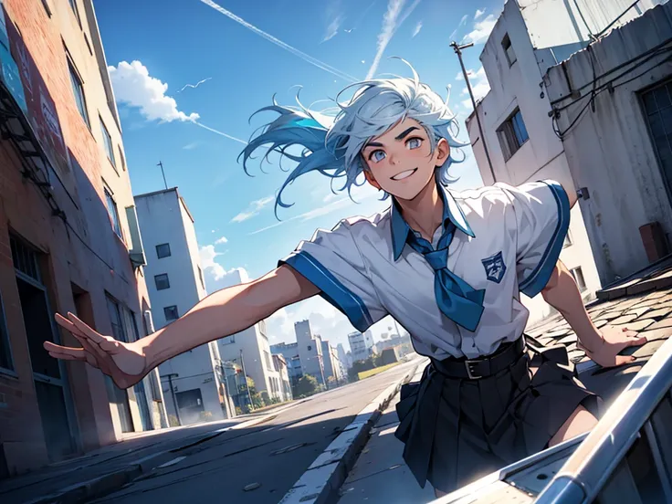 only one high school young boy, light blue hair, silver eyes, black eyebrows, school rooftop, arms outstretched, look up at the sky and smile and shout