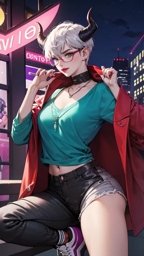 8k, masterpiece, best quality, highly detailed, 1 girl, tiefling, warlock, pixie cut, multicolored hair, very short straight hair green highlight hair on white hair, strippled hair, wearing glasses, round glasses, sexy, earrings, navel piercing, red eyesha...