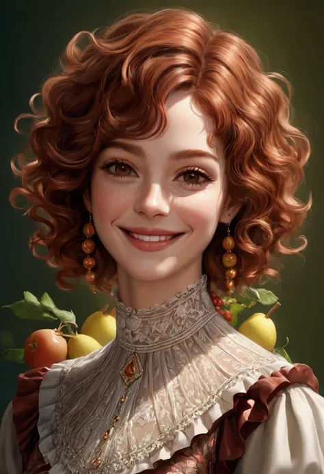 Inspired by the work of Giuseppe Arcimboldo，A woman，Charming smile,  (Short Wavy Hair: 1.2), Auburn hair, (Extremely detailed CG 8k wallpaper),  (masterpiece), best quality, Realistic shadows, high resolution, 