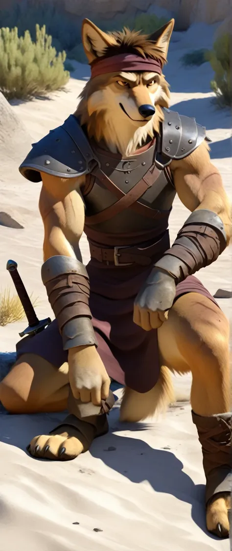 Solo anthro furry desert wolf coyote male; ancient Mediterranean desert mercenary warrior; slim mesomorph handsome model apperance; boys messy short hair headband; sexy toned muscules; sword scars;  worn out brown studded leather rusty armament. He has a w...