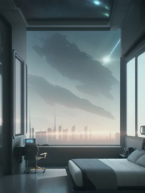 a gorgeous sci - fi bedroom matte painting by john harris, sparth and greg rutkowski. sharp edges, tiffany blue, grey orange, white and golden. sci - fi bedroom in a space base, outside the windows a future city skyline, light effect. ultra clear detailed,...