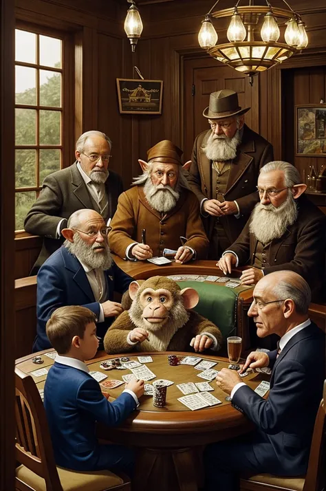 A mouse, an elf, a beaver, an old man and a monkey playing poker and above them there is a sign that says "VM CLUB"