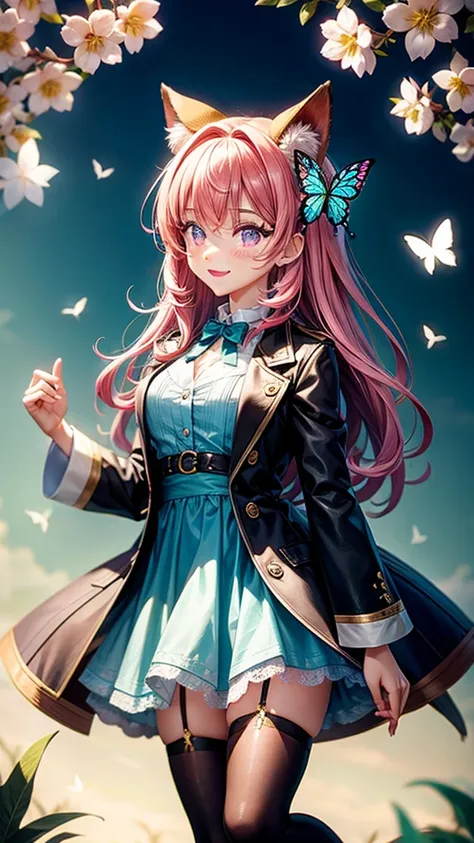 Magenta hair, hazel eyes, older woman, hair bows, cat ears, long hair, smiling face,outfit, butterflies, teal and gold outfit, butterfly background 