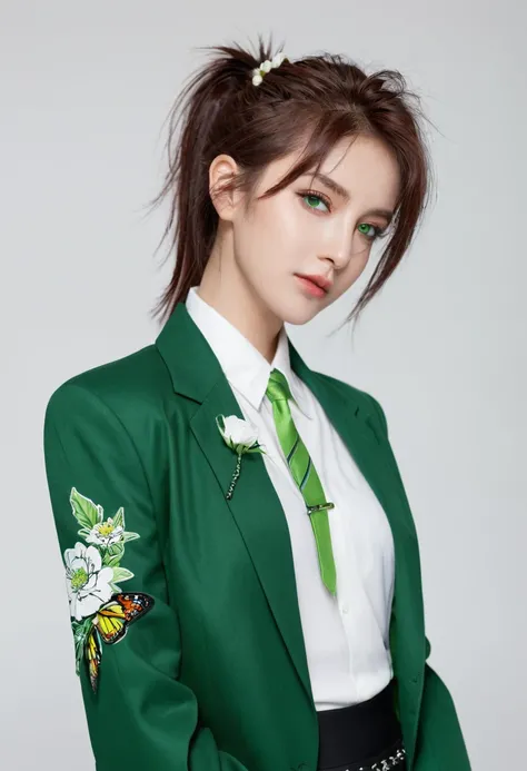 and change, Brown Ponytail, White skin, Short man, Green Eyes, masterpiece, punk jacket, White shirt, Green tie, Off-shoulder, Open sleeves, A faint smile, flower, Quiet, restraint, (Concept Art)