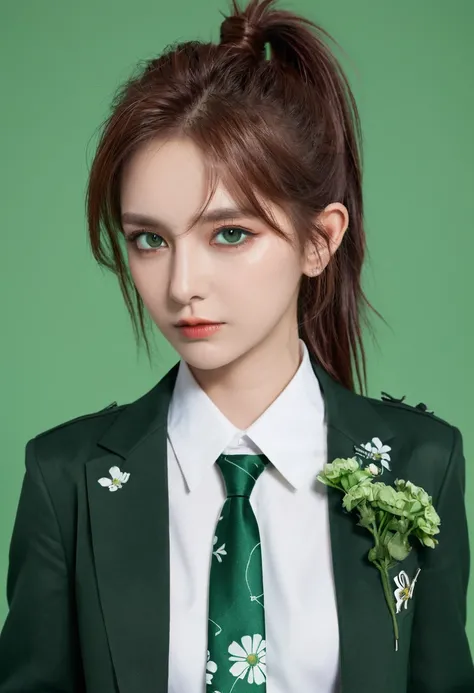 and change, Brown Ponytail, White skin, Short man, Green Eyes, masterpiece, punk jacket, White shirt, Green tie, Off-shoulder, Open sleeves, A faint smile, flower, Quiet, restraint, (Concept Art)